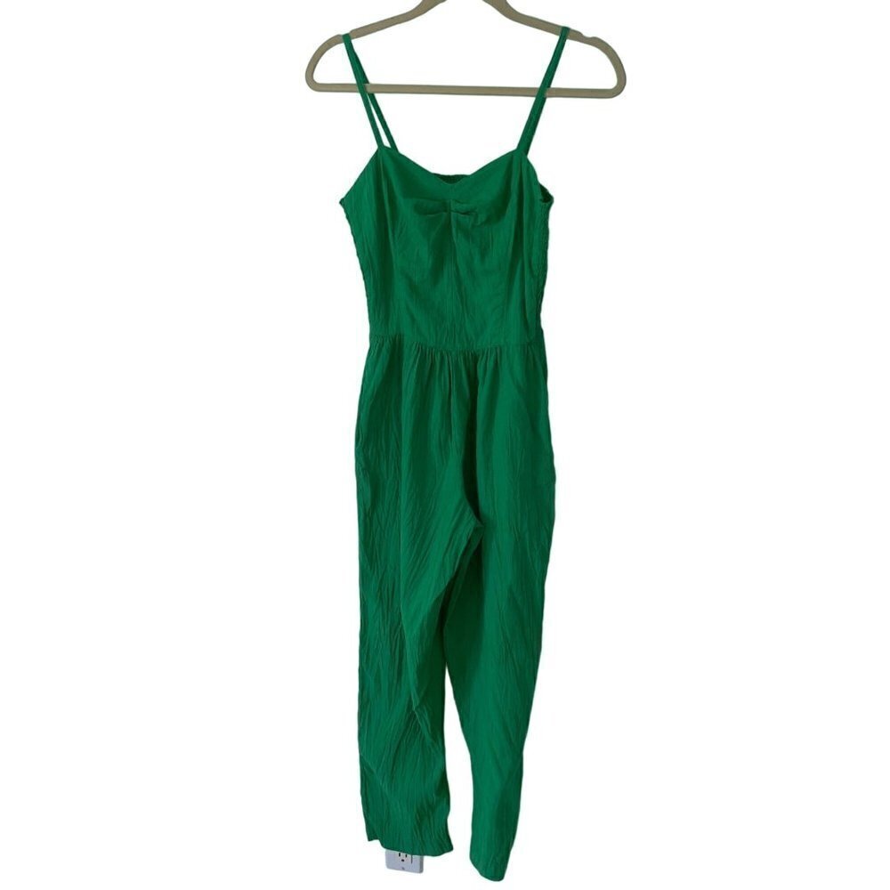 Vintage Womens Jumpsuit Size XS Green Cotton Sweetheart Neck Smocked Back USA